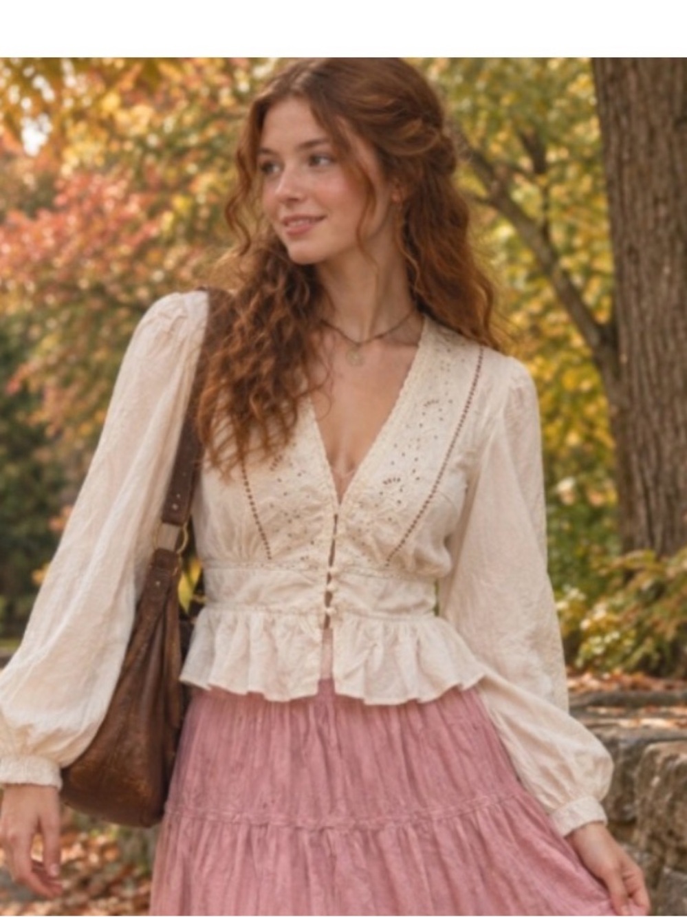 American Eagle Outfitters Cream Eyelet V-Neck Ruffle Peasant Blouse